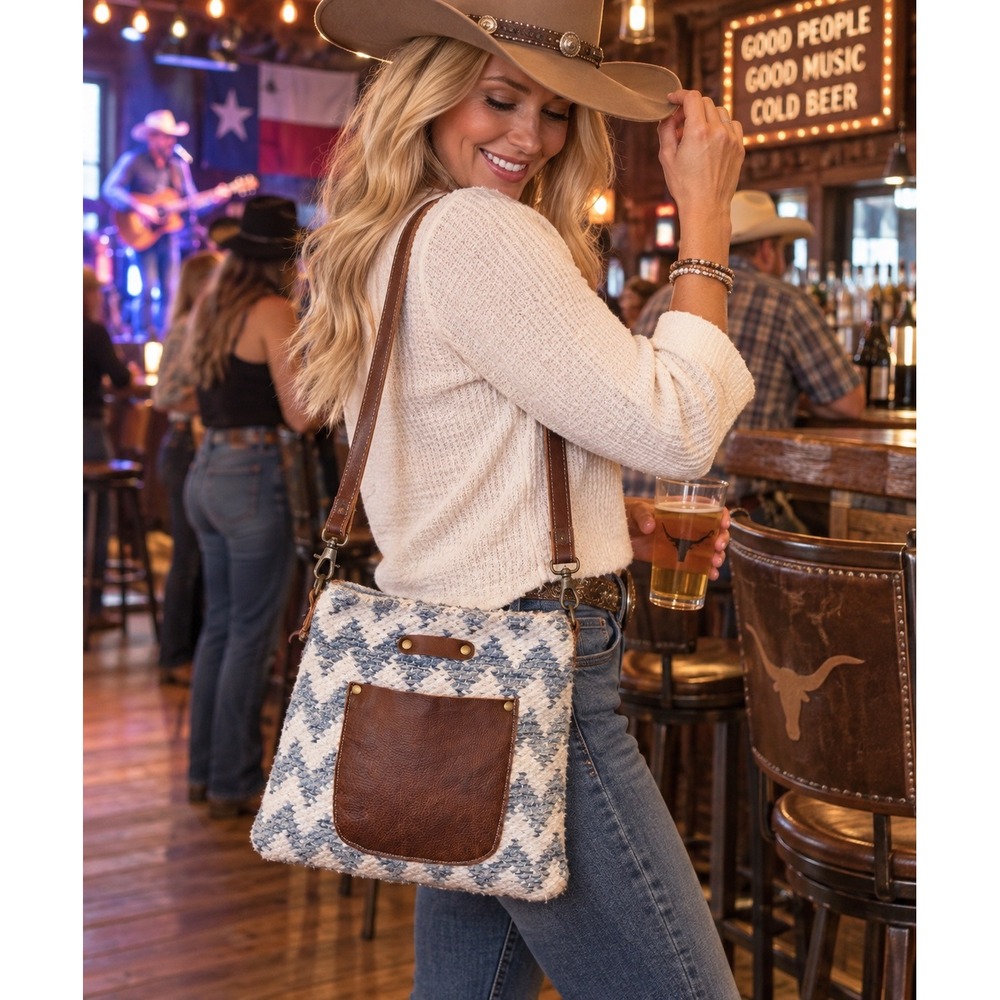 Myra Bag Blue White Woven Canvas Genuine Leather Crossbody Western Shoulder Bag